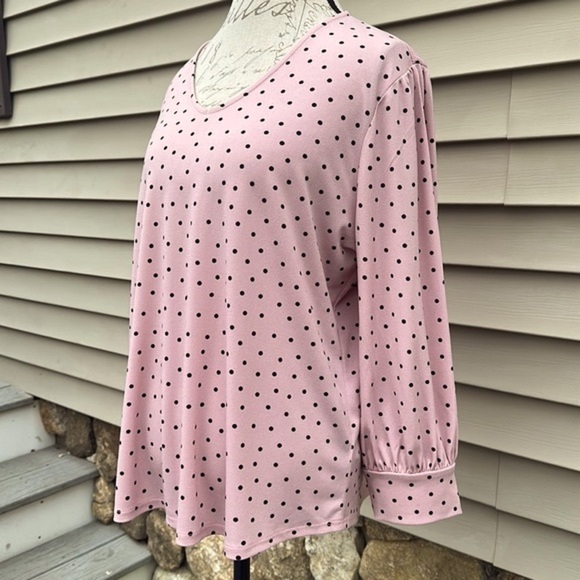 ADRIANNA PAPELL Blush Black Polka Dot V-Neck 3/4 Puff Sleeve Top - Picture 3 of 13